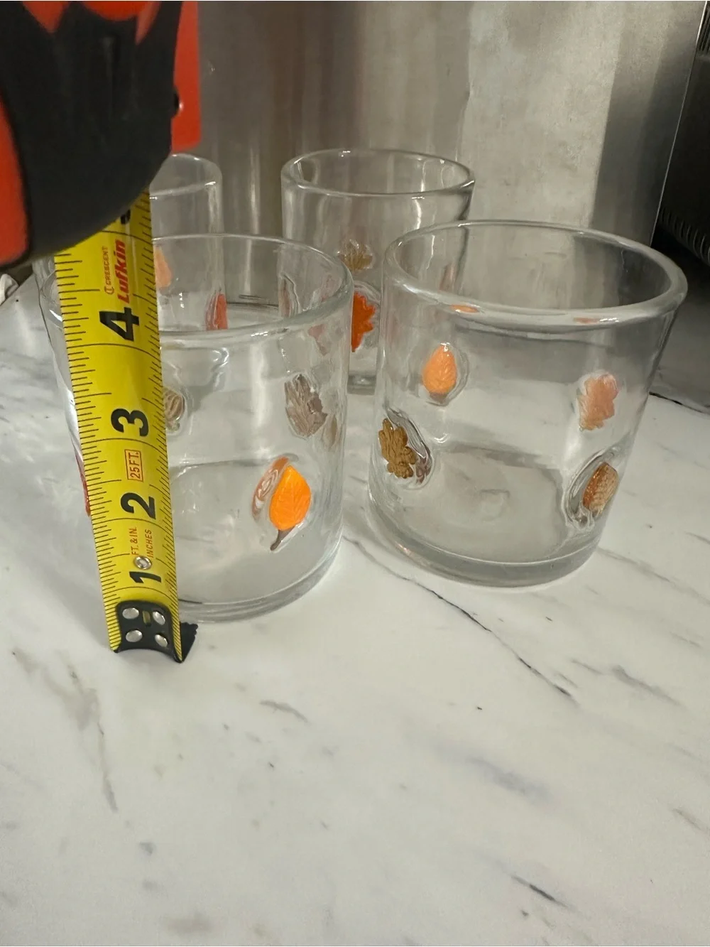 Set of 4 Juice Glasses Orange & Gold Leaf Motif Retro Barware